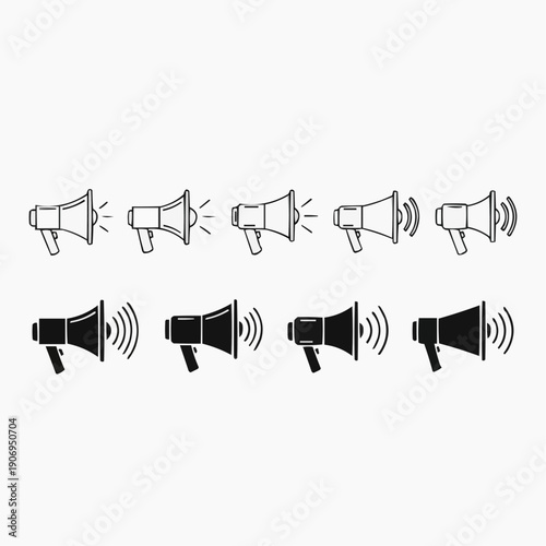Versatile collection of black and white megaphone icons, perfect for conveying announcements, marketing messages, urgent alerts, and broadcasting important information,