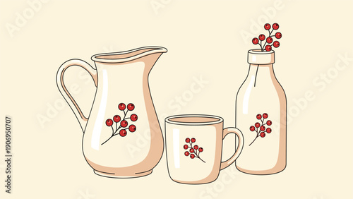 Set of ceramic tableware including a pitcher, a mug, and a bottle decorated with hand-painted red berry branch motifs.