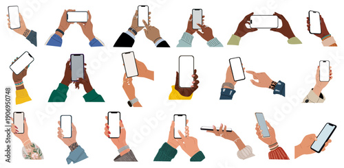 Set of female and male hands holding mobile phones, fingers touching and scrolling on empty screen smartphone mockups. Flat vector illustration isolated on transparent background