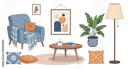 Cozy Living Room Scene with Armchair and Coffee Table.