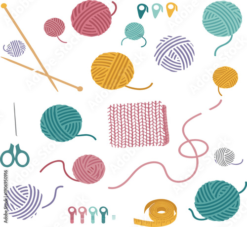 Knitting and crochet tools collection with colorful yarn balls needles scissors and fabric pattern, handmade craft supplies flat vector illustration isolated on white background