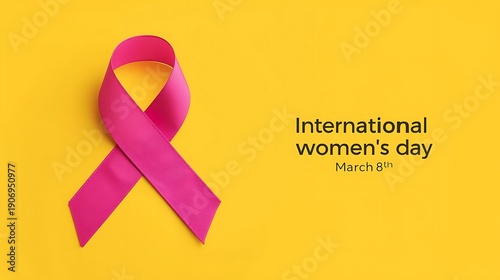 Vibrant pink ribbon on yellow background for International Women's Day