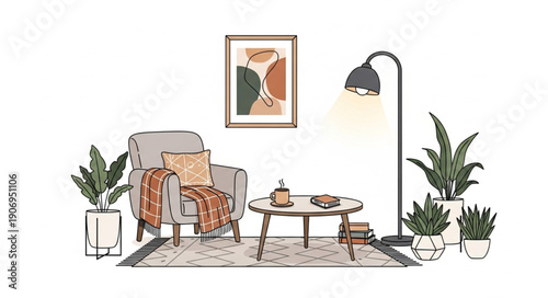 Cozy Living Room Scene with Armchair and Plants.