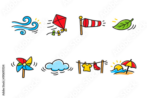 Collection of cute weather and outdoor activity icons with a playful hand-drawn style