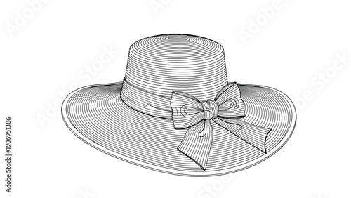Detailed vintage-style sketch of a wide-brimmed straw sun hat features an elegant ribbon bow, ideal for summer fashion and travel art.
