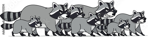 Family of raccoons walking together in a line, illustration, wildlife scene, animal behavior, outdoor environment