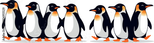 Group of penguins standing together in a row, facing different directions on icy terrain, captured from a front view