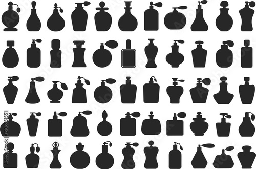 Perfume Bottle Silhouettes Collection Featuring Vintage Atomizer Fragrance Containers Isolated on White Background Beauty Cosmetic Packaging Icon Set