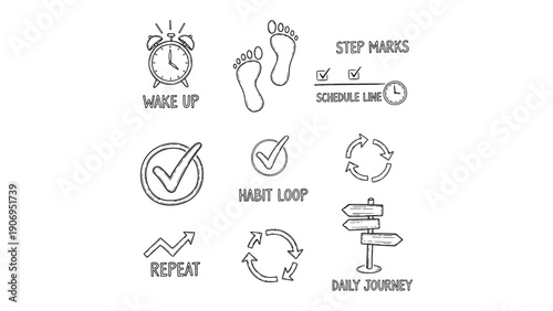 Daily Routine Icons: A collection of simple, line-drawn icons illustrating the components of a daily routine, from waking up to charting a course and reinforcing positive habits.