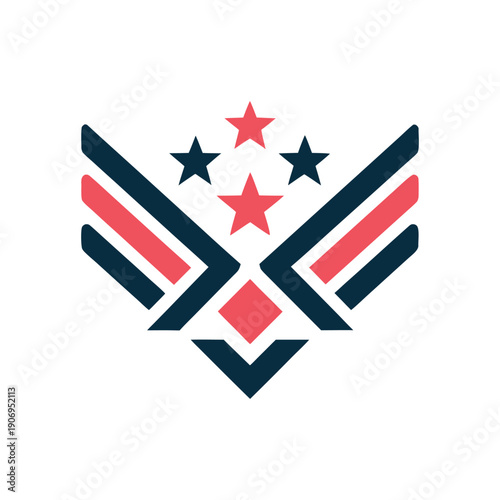 Red and blue geometric emblem with stars and stripes symbol