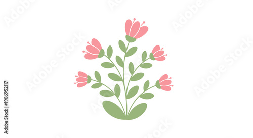 Close-up view of a green potted plant with pink flowers, rounded pot, leafy stems, and delicate blossoms in a minimalist illustration