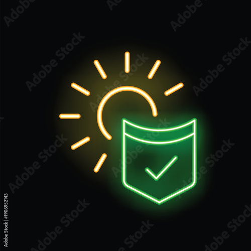 Neon icon of a sun shining on a pocket with a check mark, representing sunscreen protection