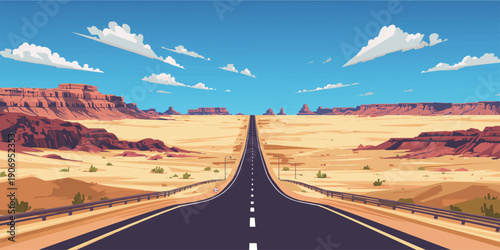 An empty asphalt highway stretches across a scenic California desert landscape toward distant mountains under a blue sky, offering a lonely rural road trip journey through the valley