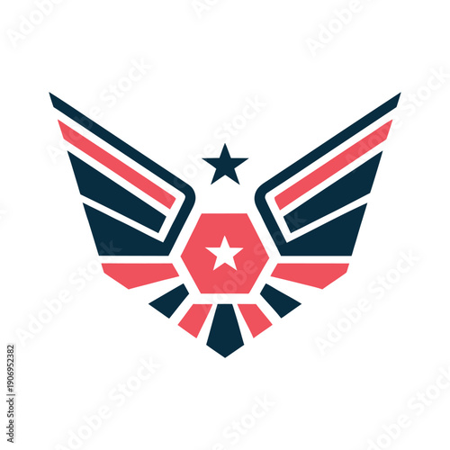 Red and navy blue winged emblem with star and hexagon center wings