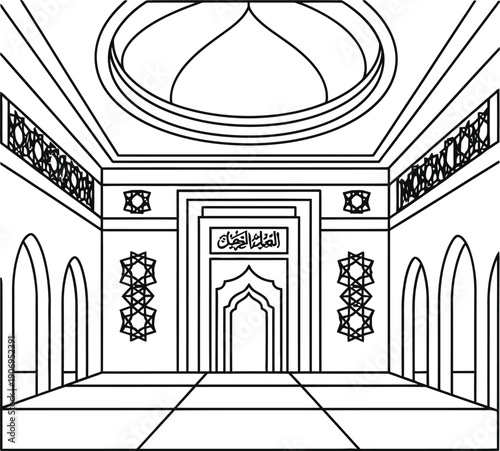 A simple line drawing of a mosque interior with arched doorways and a large dome.