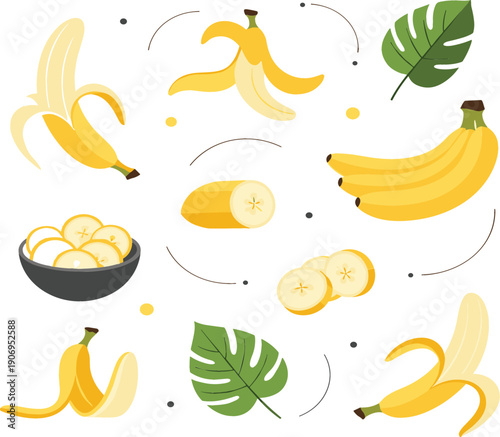 Banana fruit illustration set with whole peeled and sliced bananas and tropical leaves, fresh healthy food flat vector collection isolated on white background