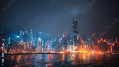 Wallpaper Mural Cityscape with trading graphs overlay at night Torontodigital.ca