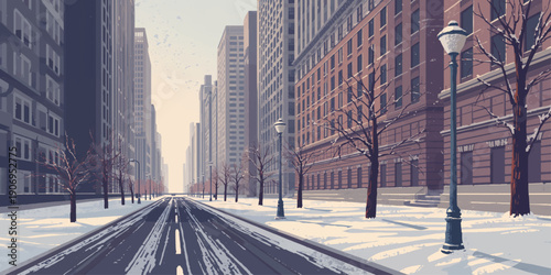 A snow-covered street winds through a cold urban landscape of city buildings and frosty trees under a winter sky in the downtown business district