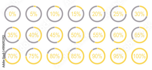 Percentage infographics template. Yellow, grey color fill pizza, pie charts indicator elements. Set of round diagrams icon layouts for infographics from 0 to 100 percent. Circle graph loading progress