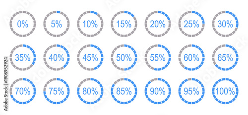Percentage round diagrams icons for infographics from 0 to 100 percent. Infographic flat elements. Blue, grey colour fill divided pie charts indicator layouts. Circle graph loading progress mockups.