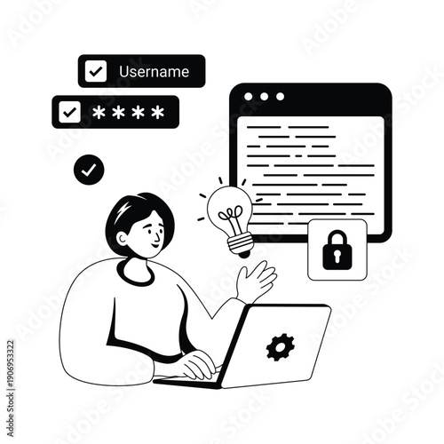 Secure user login and authentication process glyph illustration