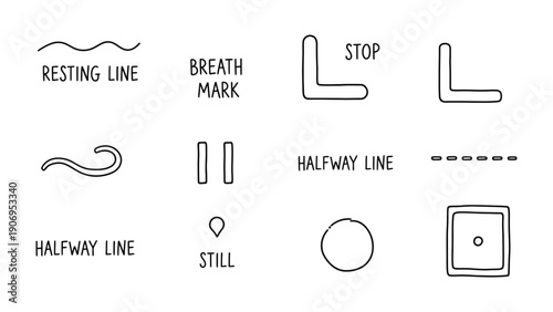 Musical Notation Elements: A collection of simple music notations and symbols used to represent elements within a musical score, providing a clear and concise visual guide.