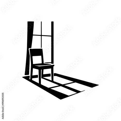 Empty chair by the window with long shadows; minimalist vector illustration of a lonely room, concept for absence, solitude, silence, and peaceful contemplation isolated on white.