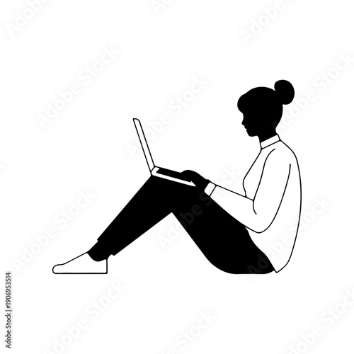 Woman sitting on the floor using a laptop; minimalist vector illustration of a relaxed female freelancer or student working from home and studying in a casual posture.