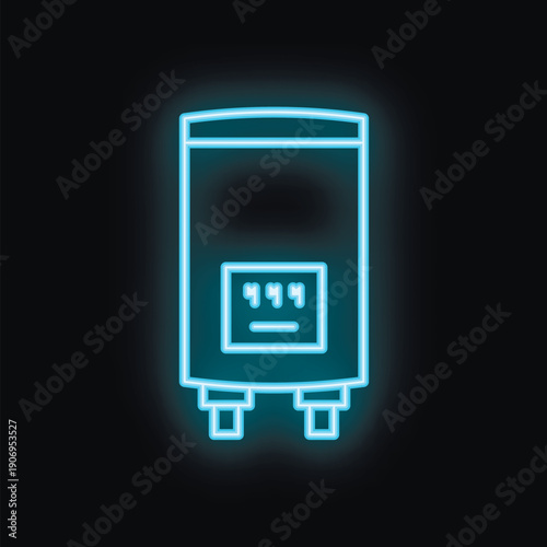 Blue neon icon of an electric water heater glowing on black background