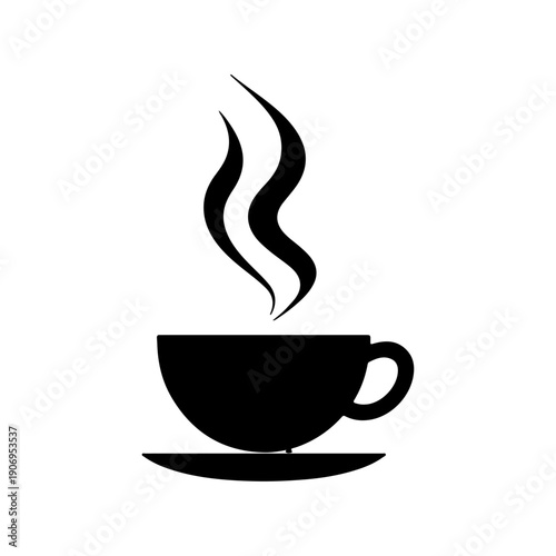 Minimalist coffee cup icon with rising steam; black and white vector illustration of a hot beverage mug representing break time, morning caffeine, and breakfast relaxation.