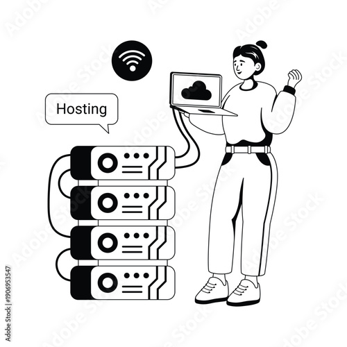 Professional glyph illustration of web hosting and cloud server infrastructure
