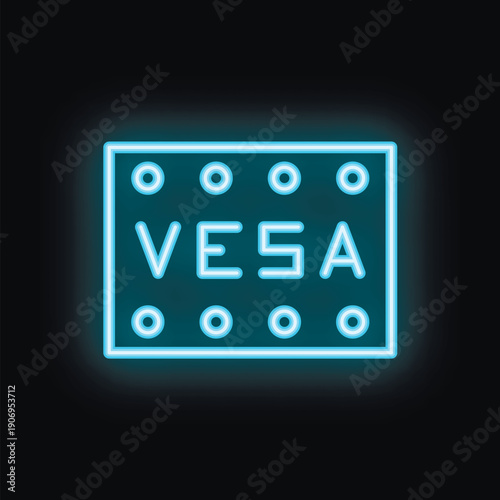 Blue neon icon of vesa mounting standard glowing on black background