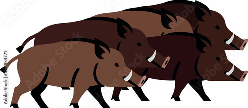 Group of wild boars running together in a natural habitat from a side viewpoint