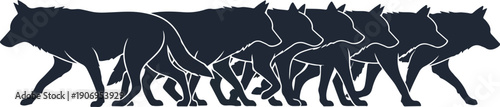 A herd of wolves running together in a pack, silhouetted against a clear background, captured from a side viewpoint.