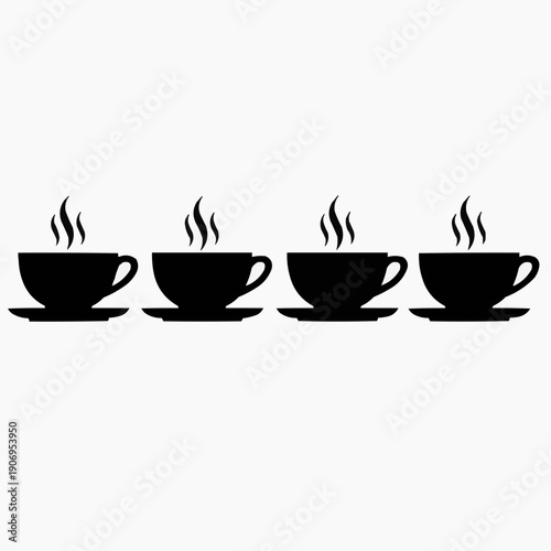 Four steaming coffee cups on saucers lined up in a row, representing the comforting aroma and warmth of a hot beverage, perfect for morning routines or relaxing breaks
