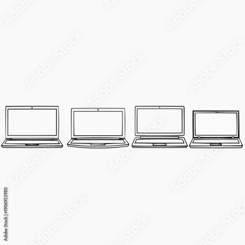 Collection of Four Different Sized Open Laptops Arranged From Largest To Smallest, Showcasing Various Notebook Designs On A White Background For Digital Technology Concepts