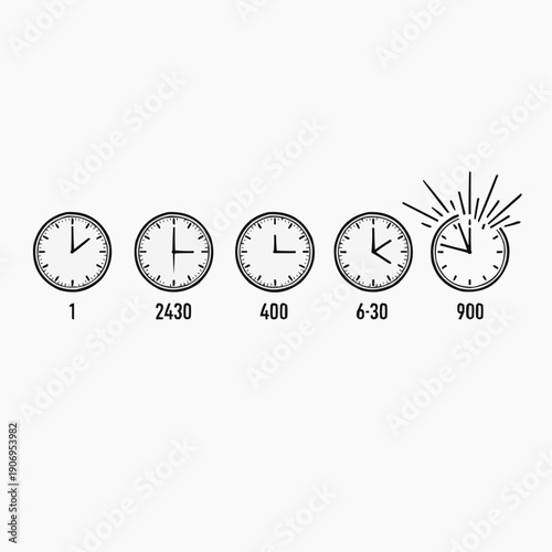A sequence of five clocks illustrating different times of day, from early morning to a jarring alarm, representing the passage of time and the start of a new day with a ringing alarm clock