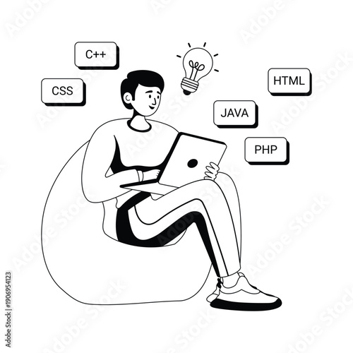 Glyph illustration of a man coding on laptop, surrounded by programming languages and a lightbulb idea