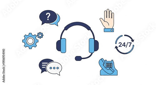 Customer service headset and support icons illustration.