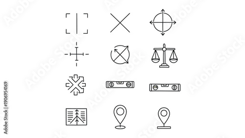 Iconography of Precision and Balance: A collection of various icons representing focus, accuracy, measurement, and equilibrium. Perfect for design projects.