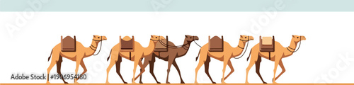 A caravan of camels walking in a desert landscape from a side viewpoint