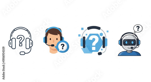 Customer service icons with question marks and headsets.