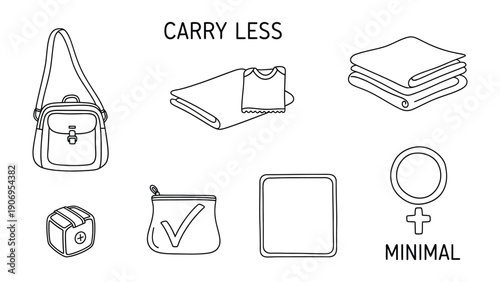 Minimalist Essentials: A visual guide to carrying less, showcasing a curated collection of travel essentials in a sleek and simplified graphic style, promoting efficient and mindful travel.