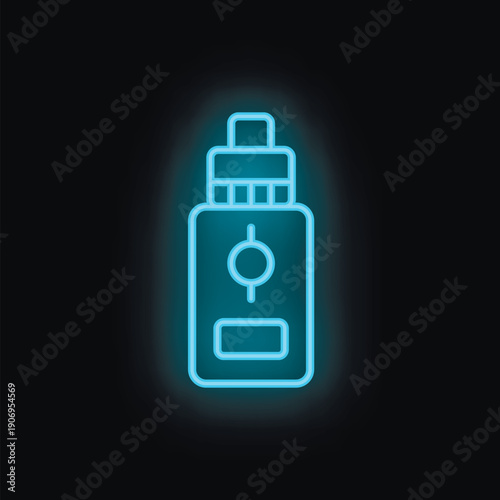 Blue neon icon of a vaporizer glowing on black background