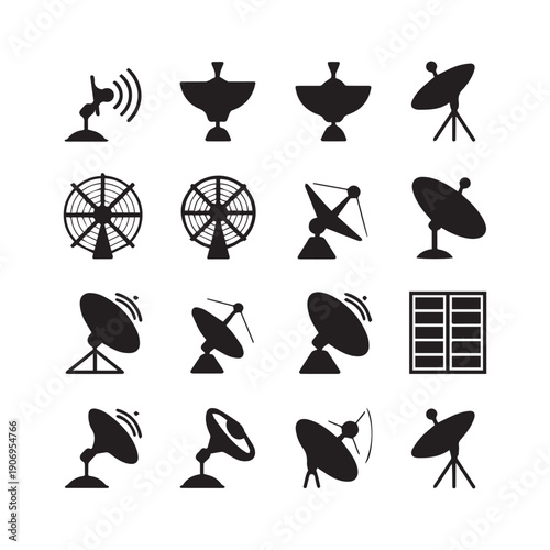 Black and White Vector Icons of Satellite Dishes and Communication Towers.