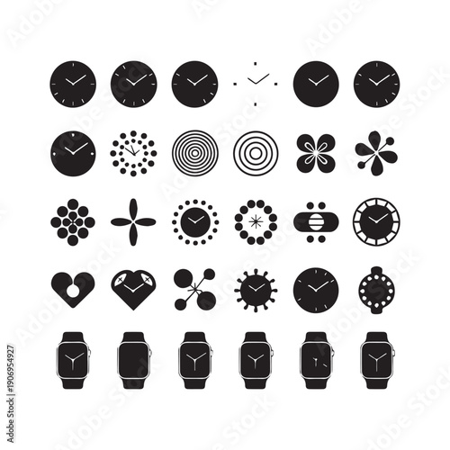 Black Minimalist Smartwatch and Fitness Tracker Icons with Various Watch Faces.