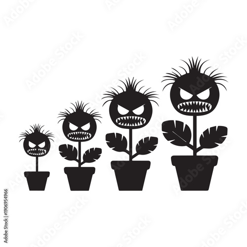 Black Silhouette Carnivorous Monster Plants with Sharp Teeth in Garden Pots.
