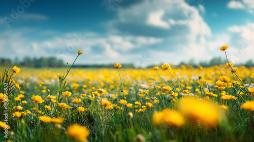 Bright yellow flowers blooming in a lush green spring field.