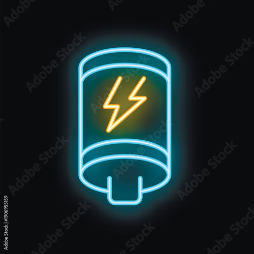 Neon battery icon glowing on dark background representing energy and power