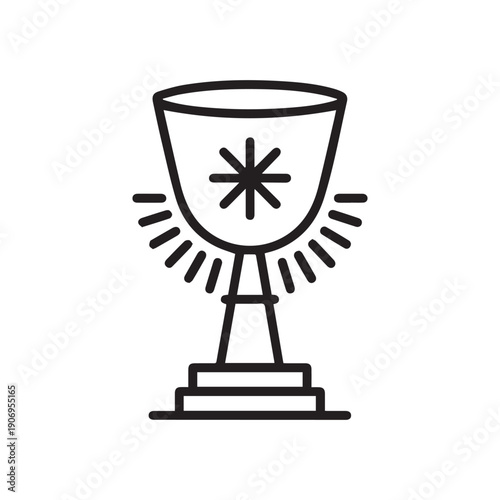 Simple Black Outline Icon of a Holy Grail Chalice with Star Symbol.